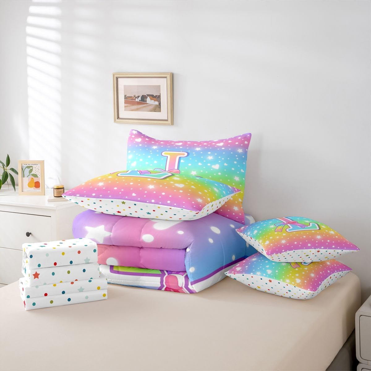 Erosebridal Rainbow 7 Piece Comforter Set Twin | Initial Letter L Bed in A Bag Kawaii Coquette Bowknot Bed Sheets Reversible Cute Rainbow Ombre Princess Bowknot Fitted Sheet Breathable Lightweight