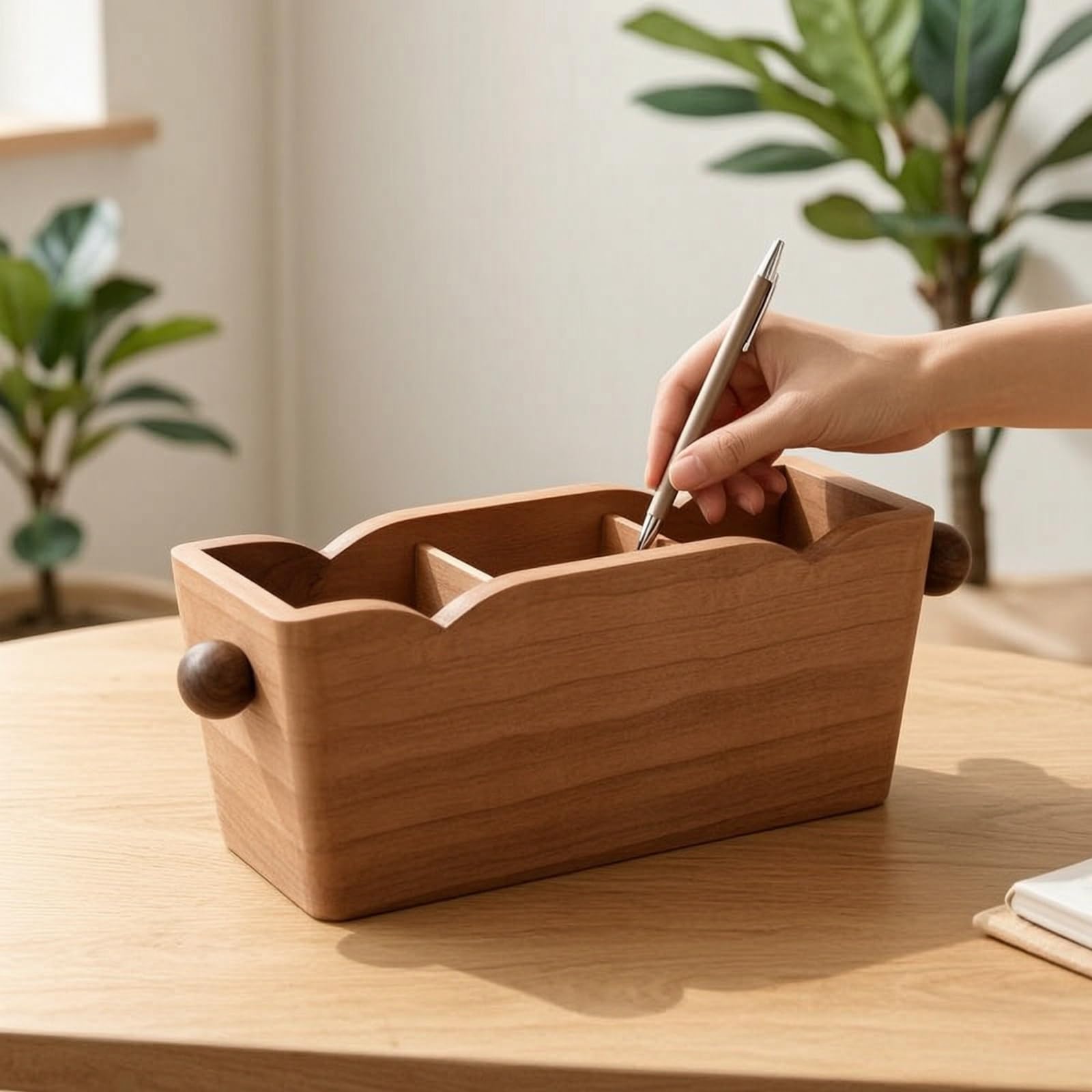 Porta Telecomandi in Legno Naturale con Finitur Legno E Due Cassetti Interni per Organizzare Oggetti di Uso Quotidiano Adatto per Tavolo da Lavoro E Libreria, 3-Comp Walnut