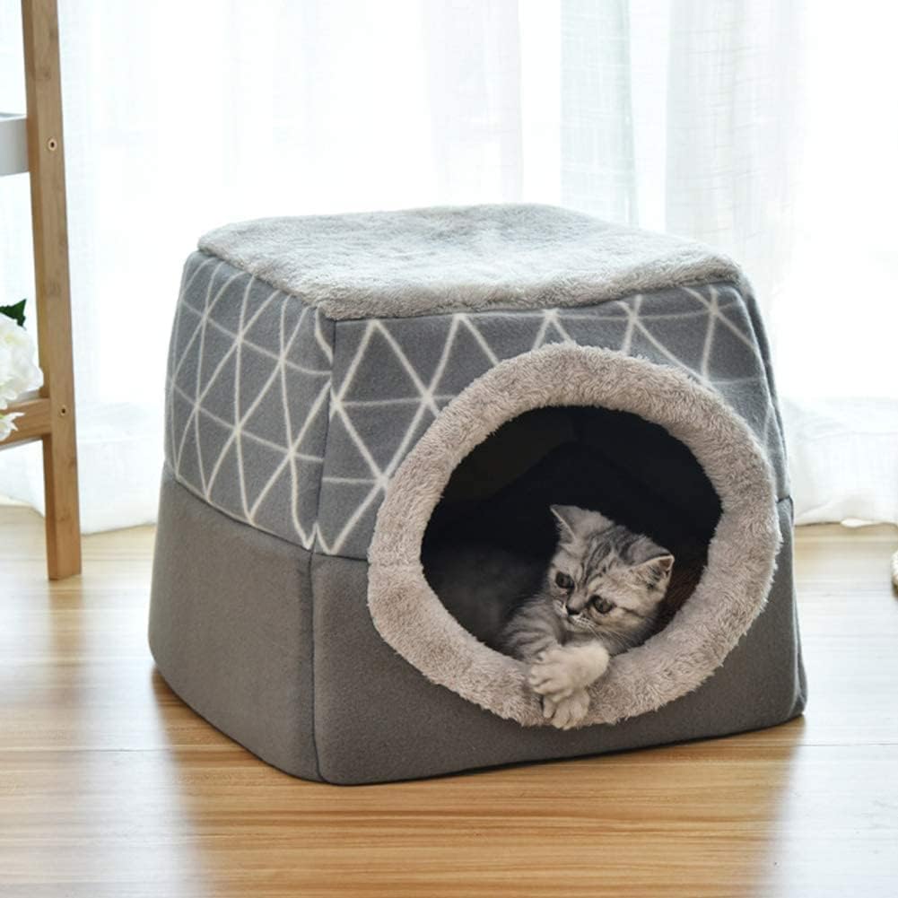 سرير 2 في 1 للحيوانات الأليفة، منزل قطط على شكل كهف مع وسادة قابلة للفصل وتصميم ناعم وقابل للطي، مناسب للقطط والكلاب الصغيرة (لون رمادي)
