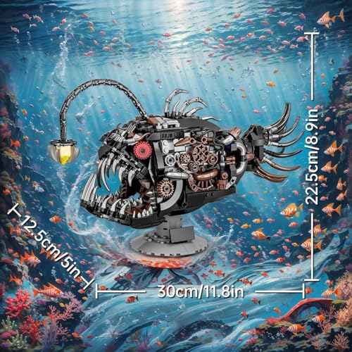 Image of SKY LINE OCEAN Mechanical Lantern Fish Building Blocks Set (1038+ PCS) | Complex for Ages 14+ | Light-Up Deep Sea Animal Model with Display Stand | STEM Construction Toy | 5 Year Structural Warranty