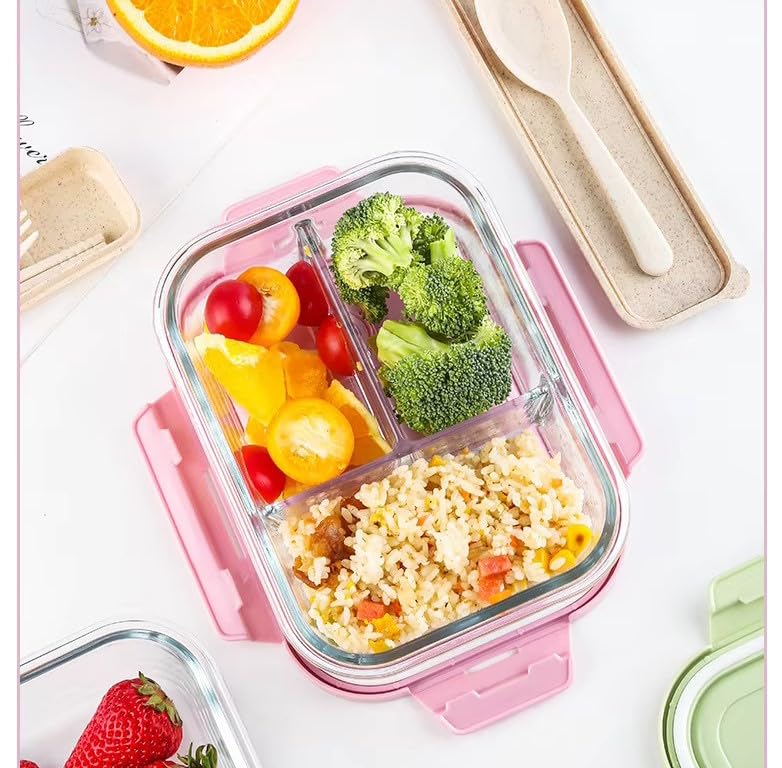 Image of 3 Compartment Rectangular Lunch Box, Food Storage Container with Air Vent Lid, Glass Storage Bowl with Clamp for Office School and Travel 1000ML Pack of 1 (Multi-Color)