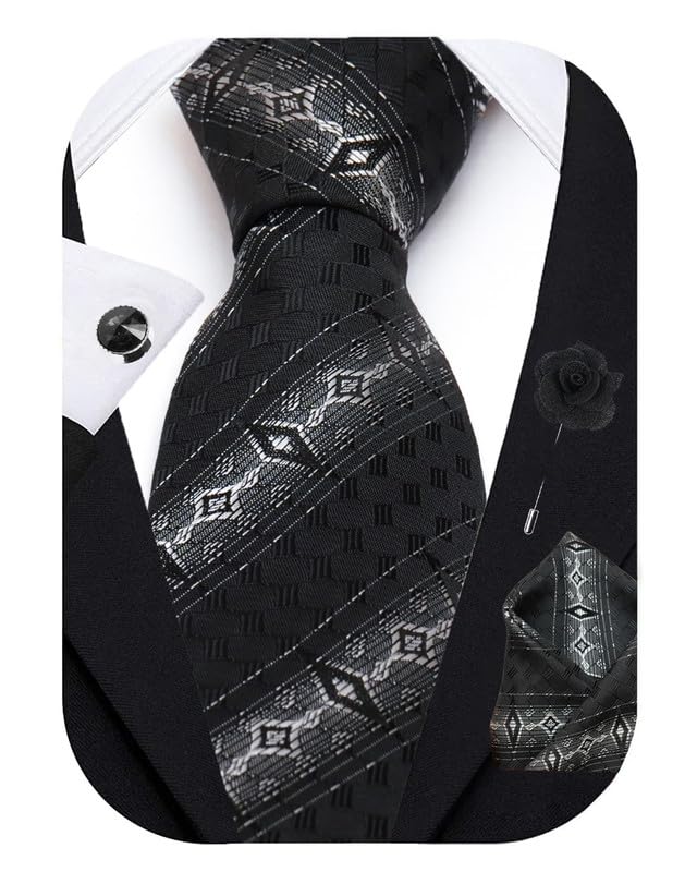 Image of Axlon Tie for Men - Striped Silk Neck Ties Set with Cufflinks Flower Pin, Pocket Square & Black Gift Box, Combo Necktie Sets for Office Wear, Formal Suits & Weddings (0, st3pn)