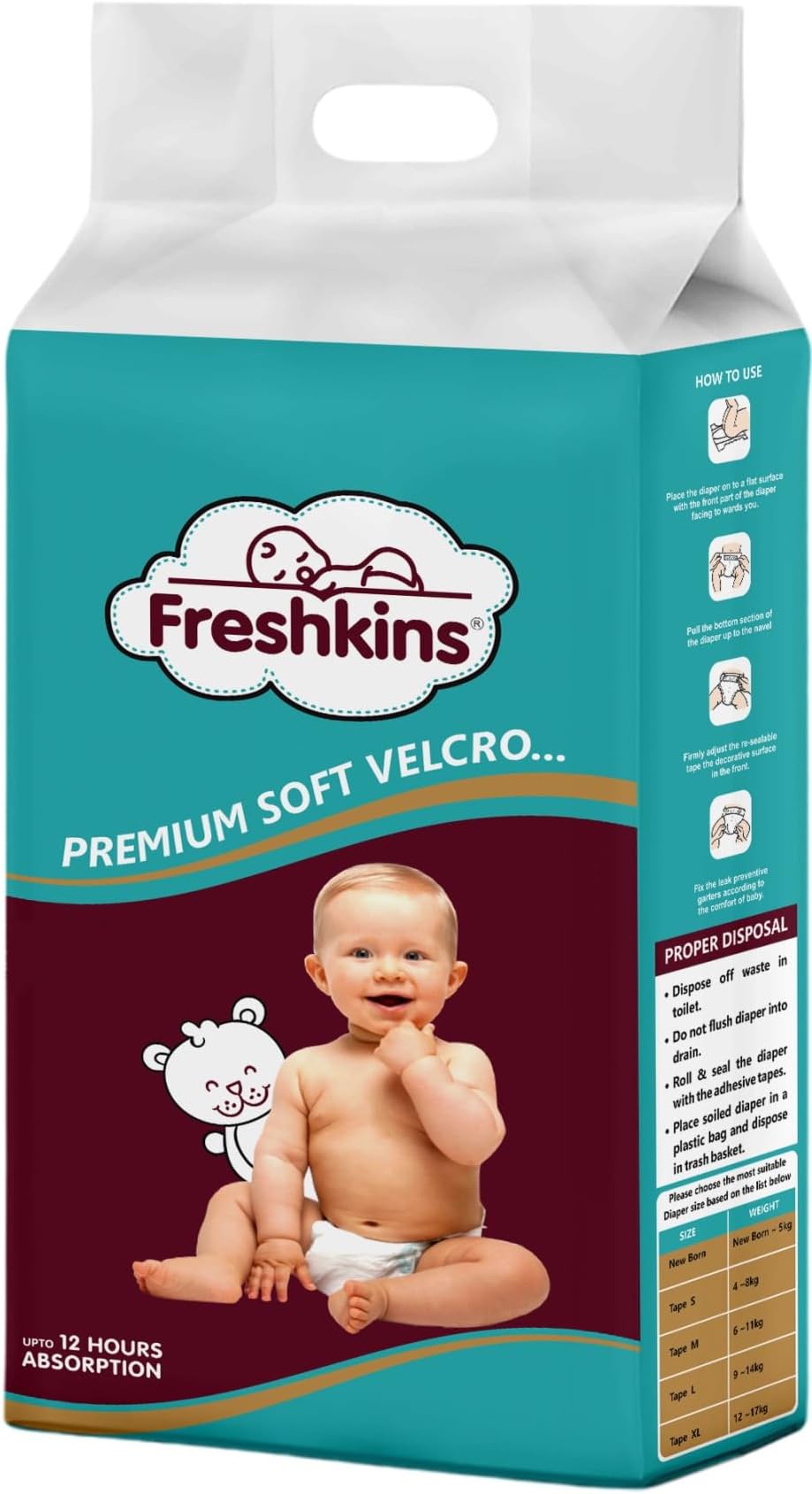 Premium Soft Baby Diapers - Medium (42 pcs) - Customizable Fit, Easy Positioning, 12 hours Absorption, Pack Of 1