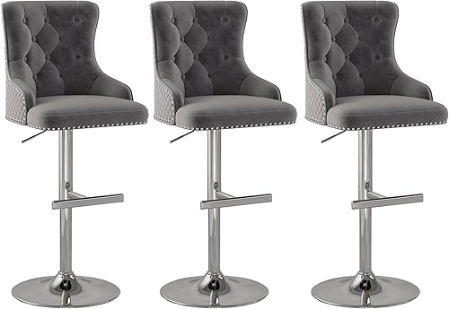 Miniatura 13 de Juego de 2 taburetes de bar de terciopelo con anillo giratorio de león para encimera de cocina, taburetes de bar tapizados con cabeza de clavo, Gris