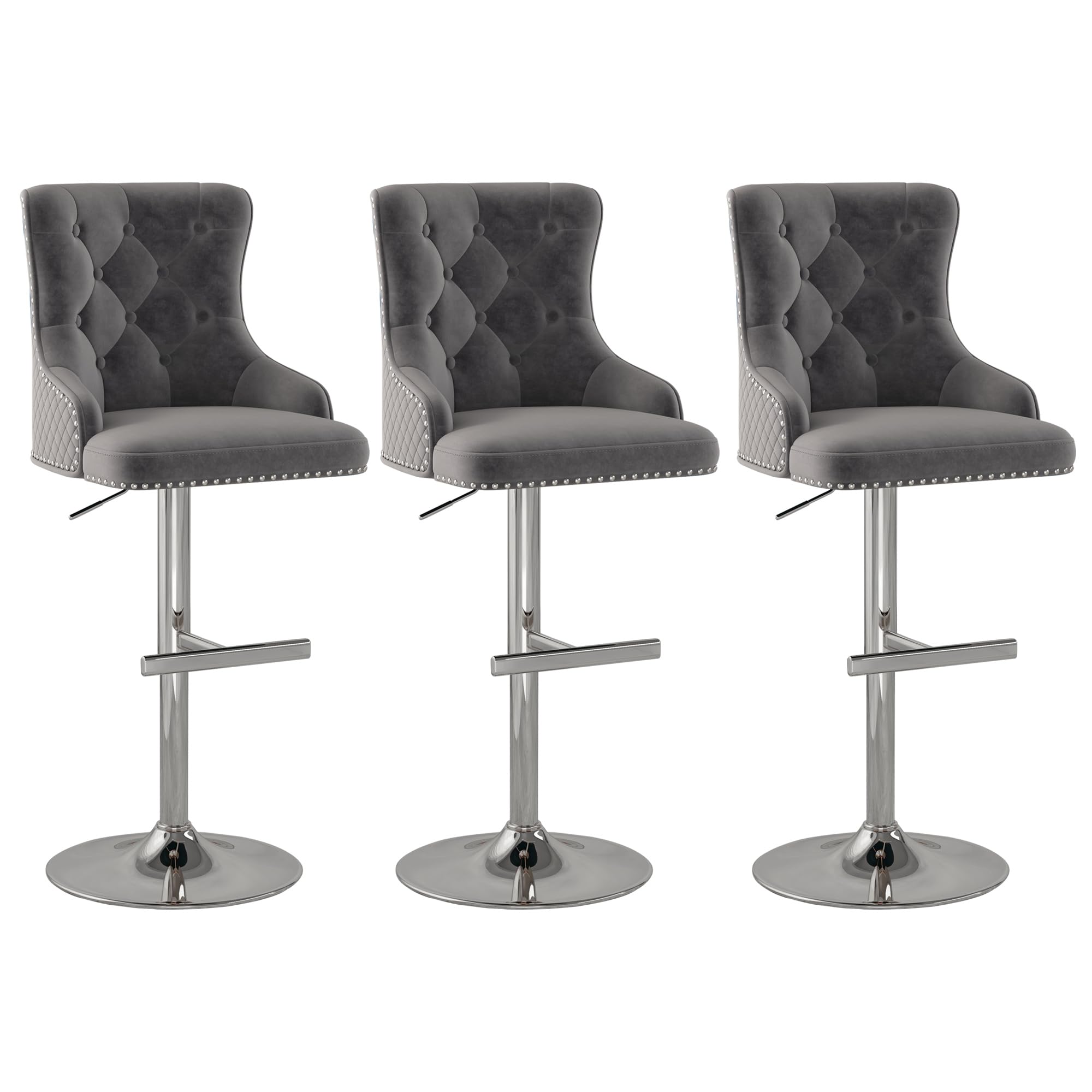 GOOLON Velvet Bar Stool Set of 3 Lion Pull Ring Swivel Chair for Kitchen Counter Nailhead Upholstered Barstools Height Adjustable Barstools with