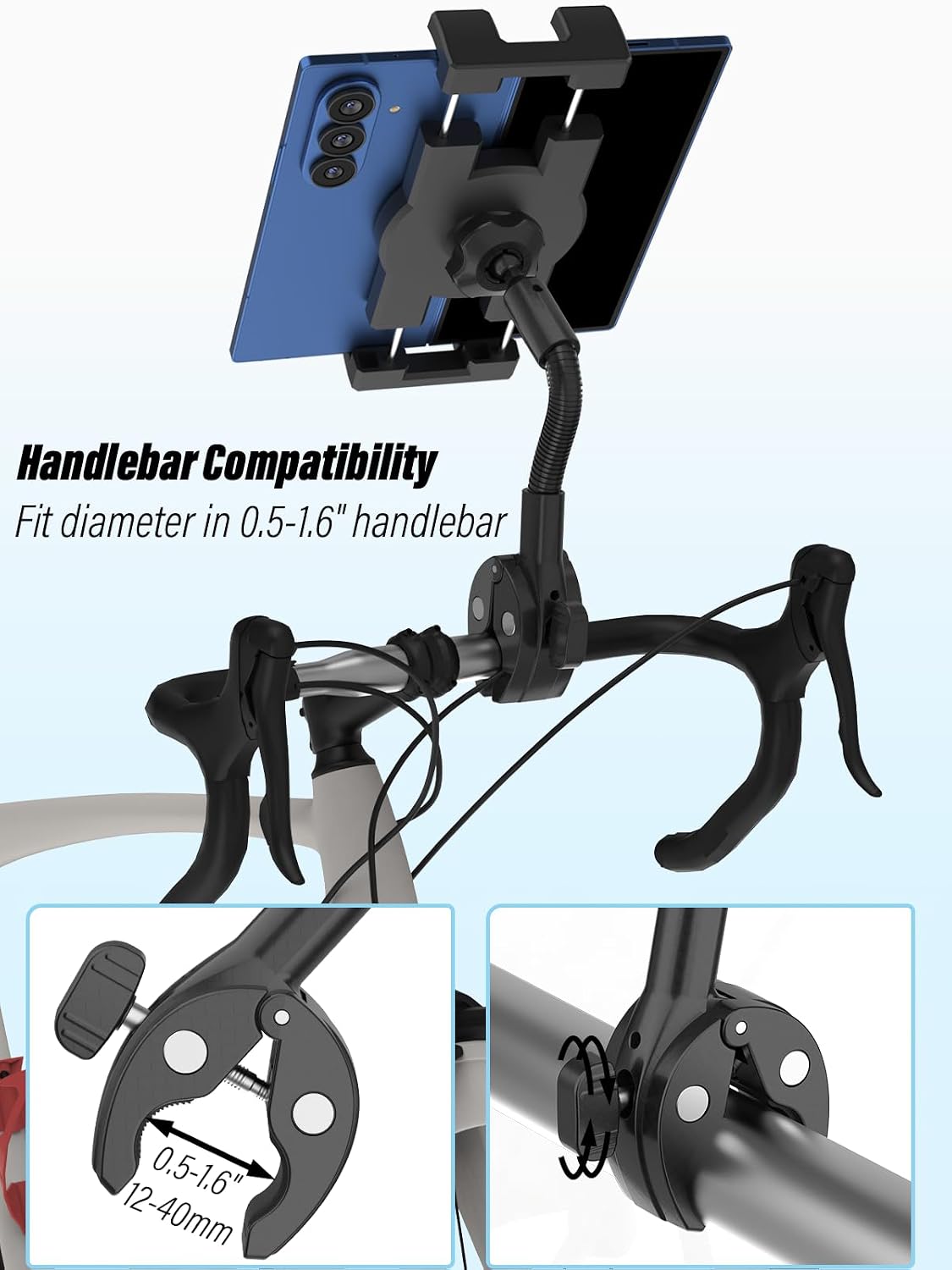 Z Fold Bike Mount - [Foldable Phone Friendly] Spin Bike Tablet Holder Handlebar Clamp for Treadmill, Stationary Bicycle, Stroller for Samasung Galaxy Fold 7 6 5 4 3 2, Tabs, Google Pixel, iPad, iPhone