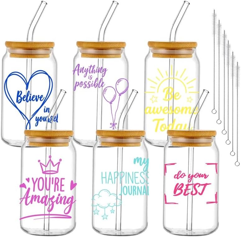 6Pcs Inspirational Glass Cups with Lids and Straws 16oz Positive Affirmation Drinking Glasses Cups Cute Pastel Quotes Iced Coffee Cup for Women Girls Friend Birthday Gift