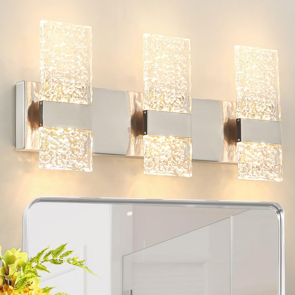 Brushed Nickel Vanity Lighting Over Mirror, 6-Lights LED Bathroom Lights, Dimmable Wall Sconces, Eleglant Crystal Vanity Light for Bathroom, Acrylic Hardwired Wall Lamp(H9.25in, L21.26in)