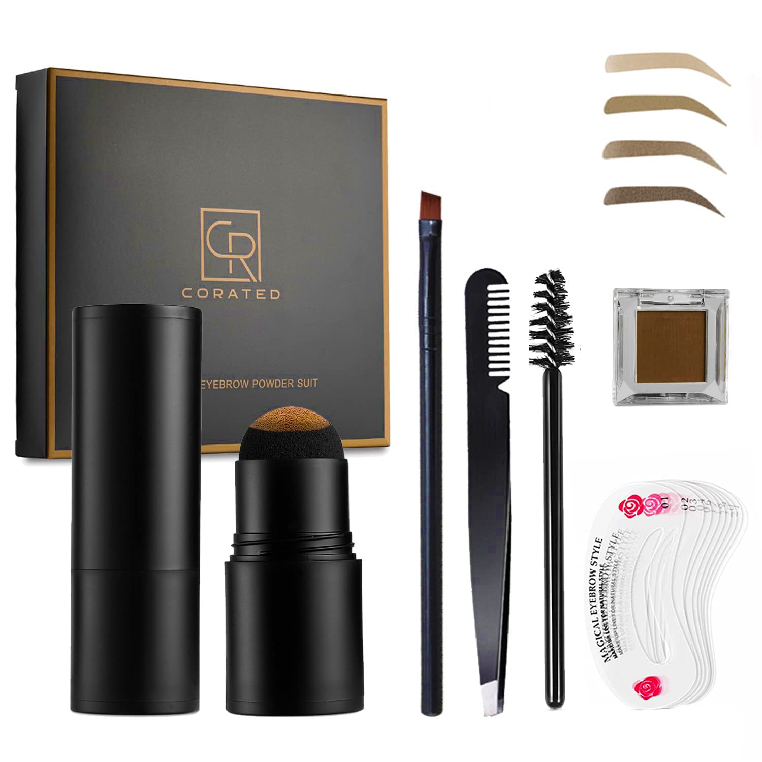 Eyebrow Stamp and Eyebrow Stencil Kit, 1 Step Eye light Brown Shape Tinting Kit, Long-Lasting, Waterproof, 48 Reusable Eyebrow Stencils Stamp with Eye Brow Pen Brush, Trimmer and Spare Eyebrow Powder
