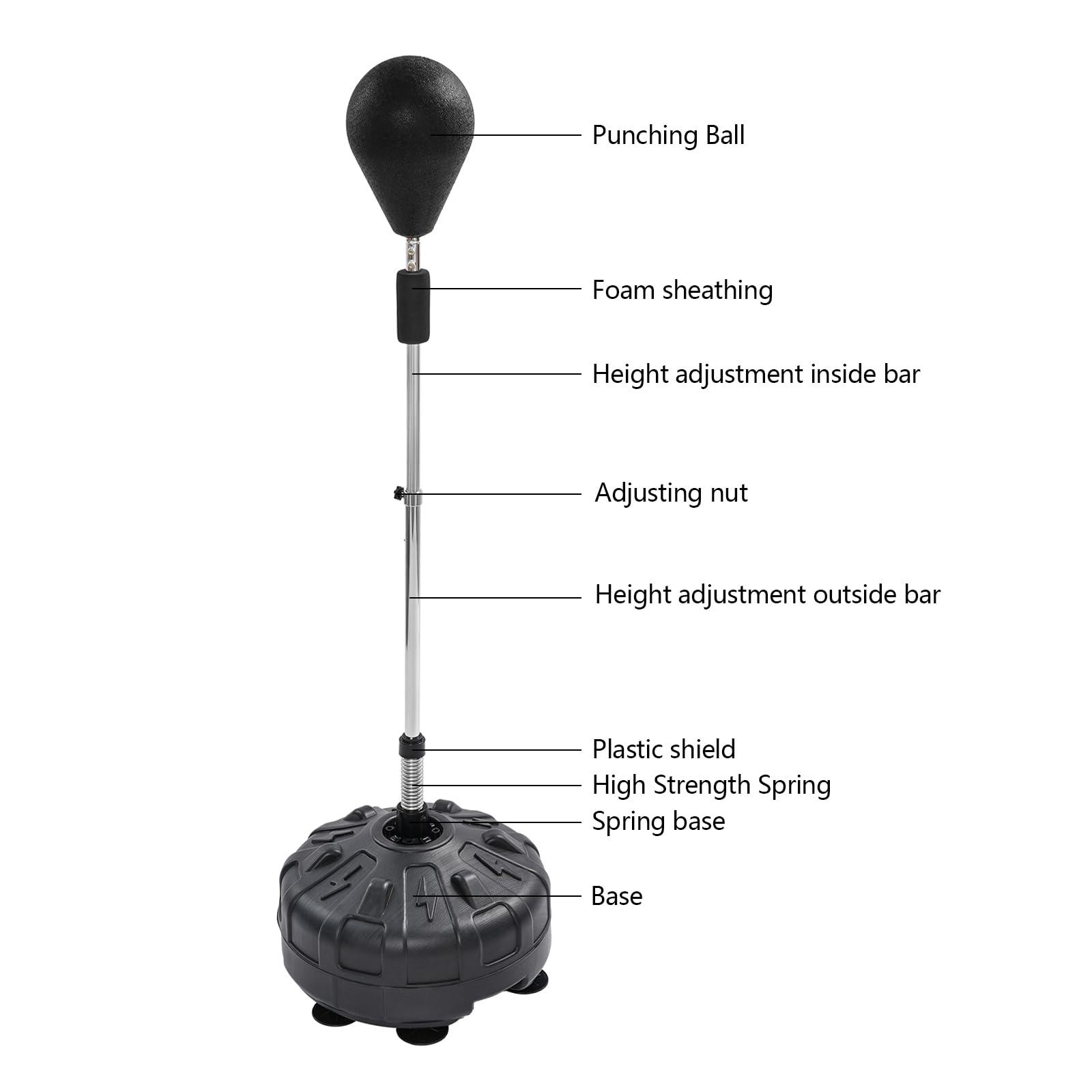 Sacco da boxe in piedi, con supporto, regolabile in altezza 120-160 cm, rimbalzo a 90°, 6 ventose, boxe sport, per professionisti, adolescenti e principianti