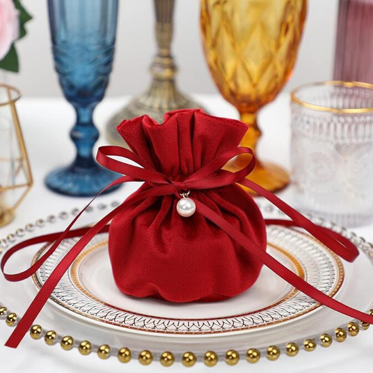 20 Pcs Round Bottom Drawstring Velvet Gift Bags Jewelry Pouches with Pearl Bead,for Wedding Favors,Christmas,Party Favors,Birthday,Red wine - Image 3