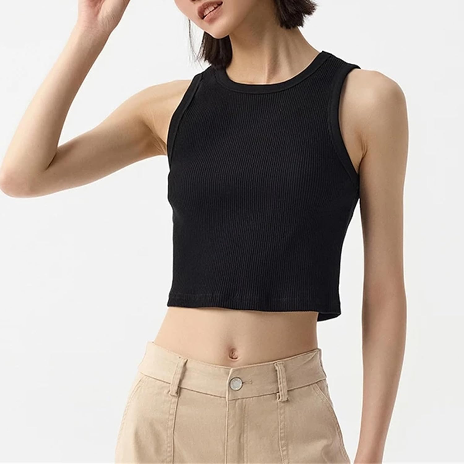 Womens Round Neck Short Style Skinny Solid Color Vest Versatile Daily Base Layer Inner Wear