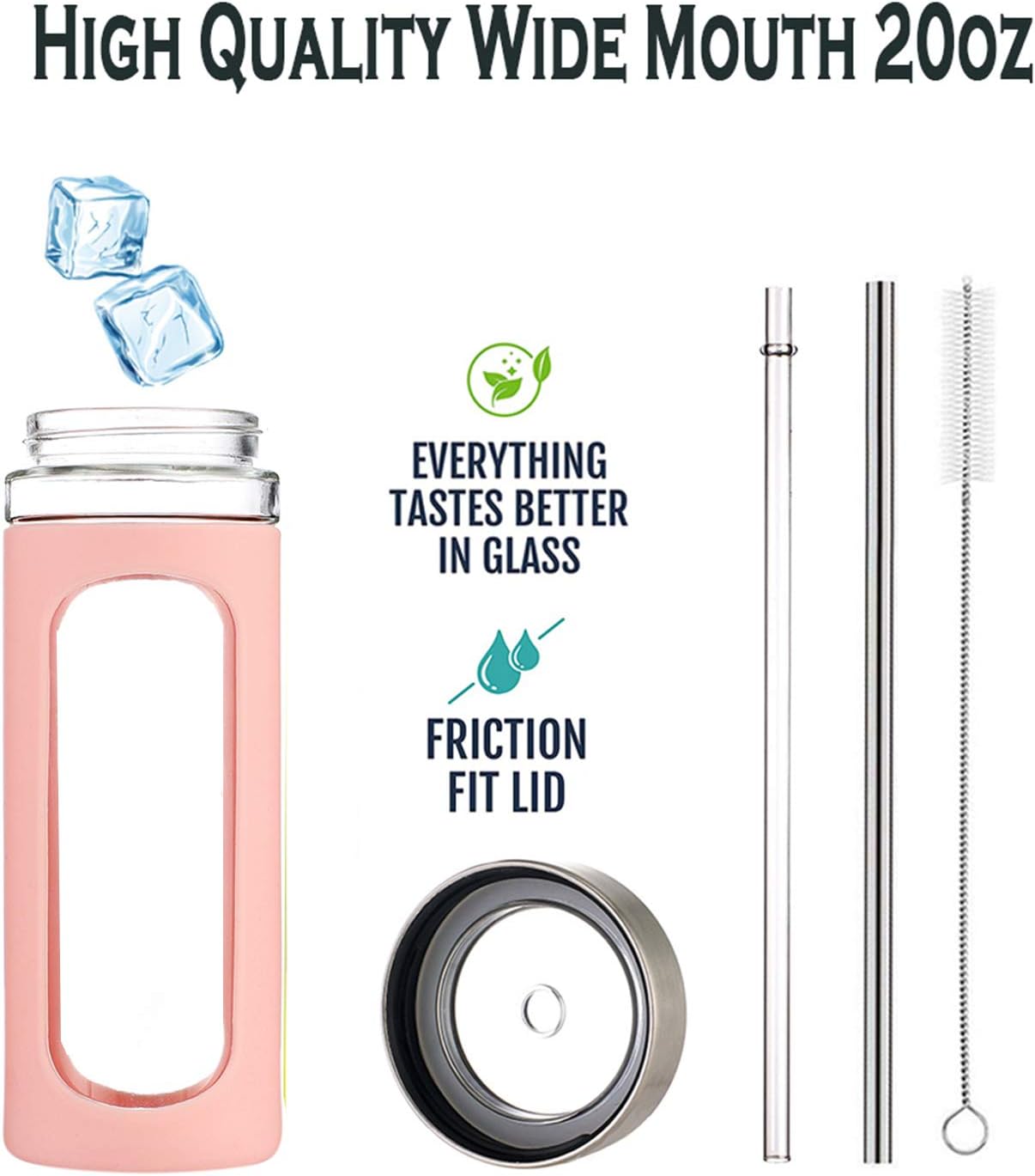 Glass Tumbler with Straw and Lid 20oz Glass Water Bottle Silicone Protective Sleeve BPA FREE (Pink with Reusable Metal Straw) : Everything Else