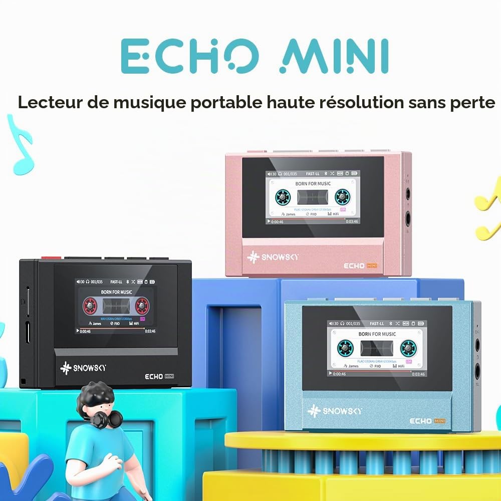 SnowSky/FiiO Echo Mini HiFi Lecteur MP3 Bluetooth, 15 heures de lecture, contrôle de volume indépendant avec sorties casque 3,5 mm/4,4 mm (Bleu Ciel)