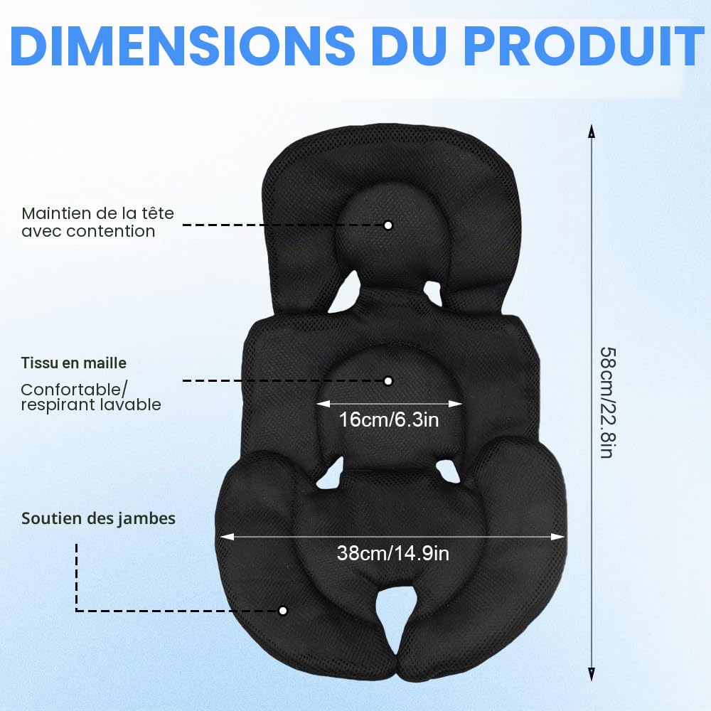 Coussin Poussette, Reducteur Cosy pour Nouveau-né, Tissu Mesh 3D Réducteur de Siège, Confortable et Respirant pour Poussette, Siège Auto, Chaise Haute, Noir