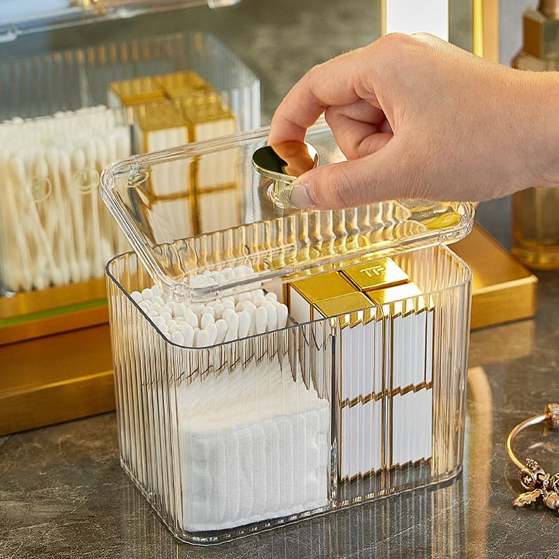 ZZDWLDHA Qtip Holder Bathroom Organizer, 3-Section Bathroom Storage for Cotton Balls, Swabs, Pads, Floss Container (Clear )