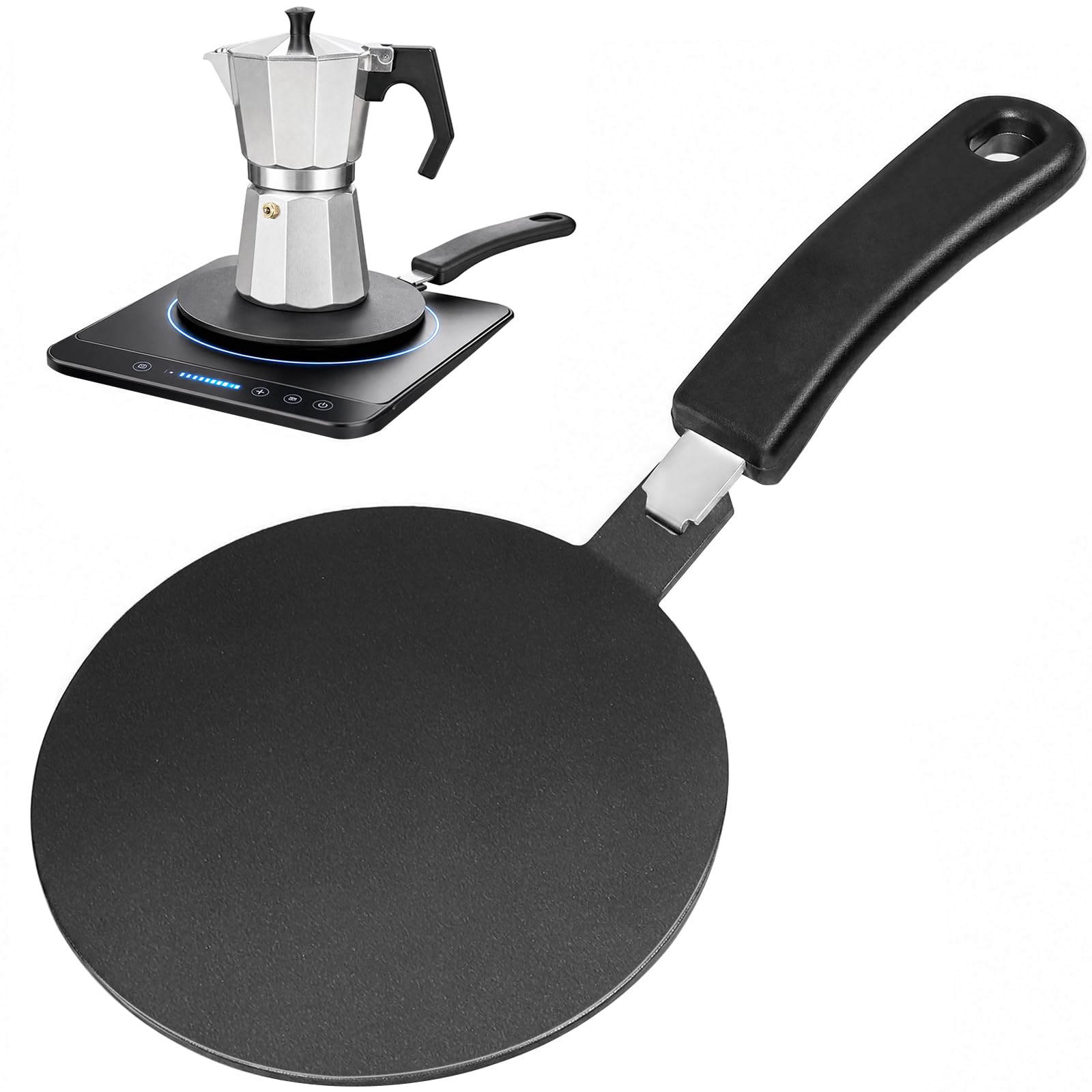 BUNTOR 14CM Induction Hob Converter Plate, Induction Adapter Plate for Moka Pot with Removable Handle, Black High Temperature Coating, Induction/Gas Adapter Disc for Pots