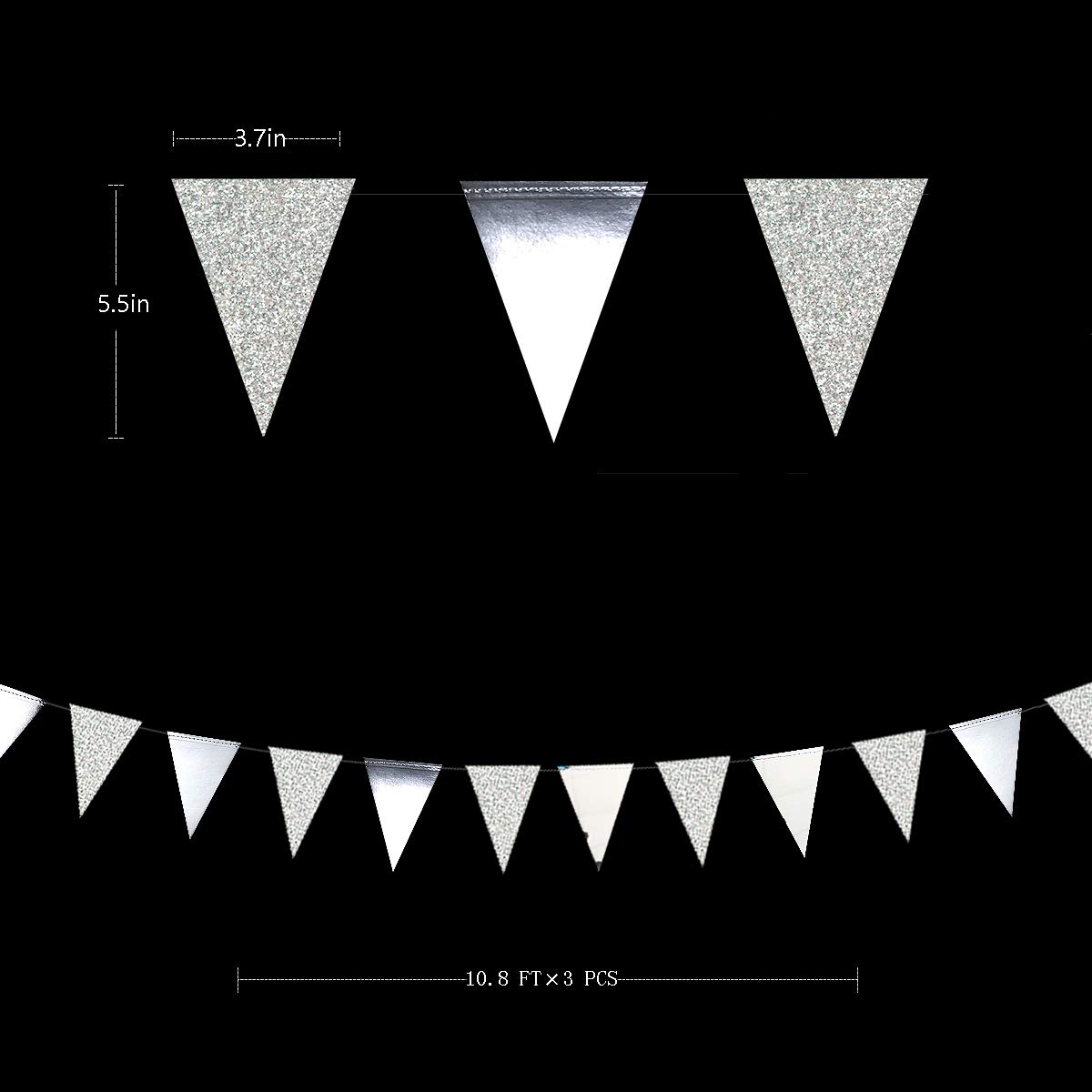 Festiko®12 Flags Silver Party Decorations Glitter Metallic Paper Triangle Banner Flag Garland Pennant Bunting for Wedding Engagement Graduation Anniversary Bachelorette Birthday Party Supplies