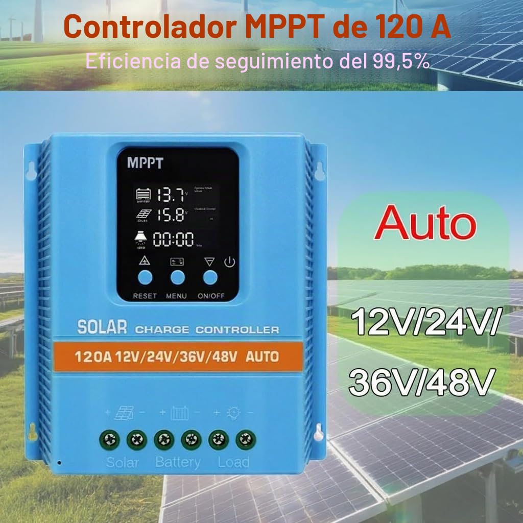120A Solar Charge Controller 12V 24V 36V 48V Intelligent Recognition LCD Display Battery Intelligent Regulator Maximum 100V Input Dual USB for Lead Acid/Lithium Battery