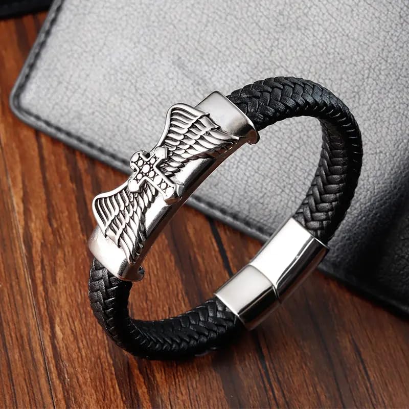 Image of THE MEN THING Leather Bracelet for Men - American Style Genuine Leather Multi-Layer Braided Bracelet with 100% Stainless Steel Magnetic Buckle for Men & Boys (8 inch)