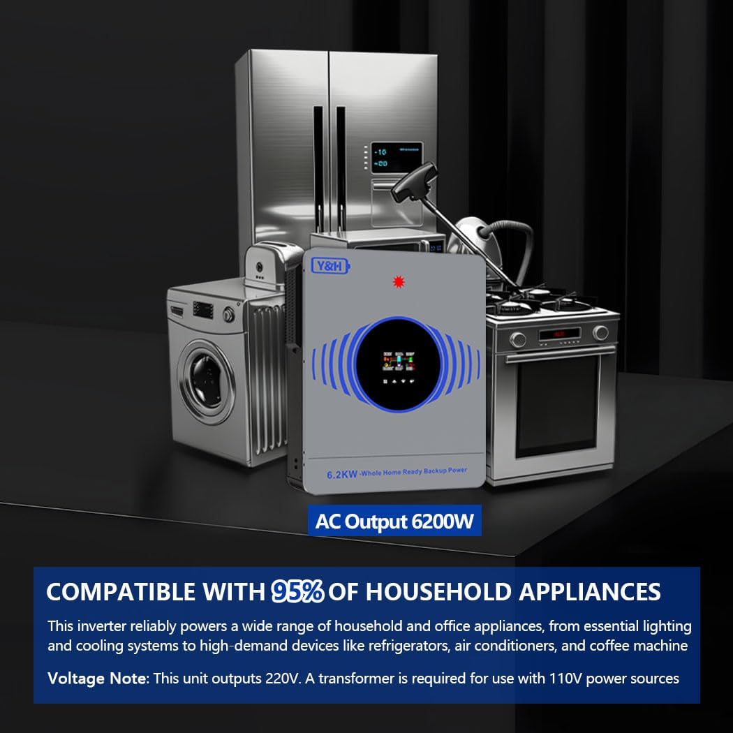 Y&H 6.2KW Hybrid Solar Inverter DC48V to AC220V, Built-in 120A MPPT Controller,8000W 27A PV Input, Battery-Free Operatio, Dual AC Output, for 48V Lead/Li Battery,On/Off Grid Home Energy Storage System