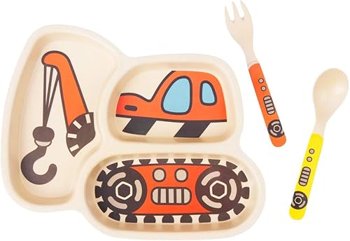 Juego de platos para niños platos de bambú para niños vajilla de cena platos divididos a prueba de derrames cuchara y tenedor juego de 3 piezas para Juego de platos para niños platos de bambú para niños vajilla de cena platos divididos a prueba de derrames cuchara y tenedor juego de 3 piezas para