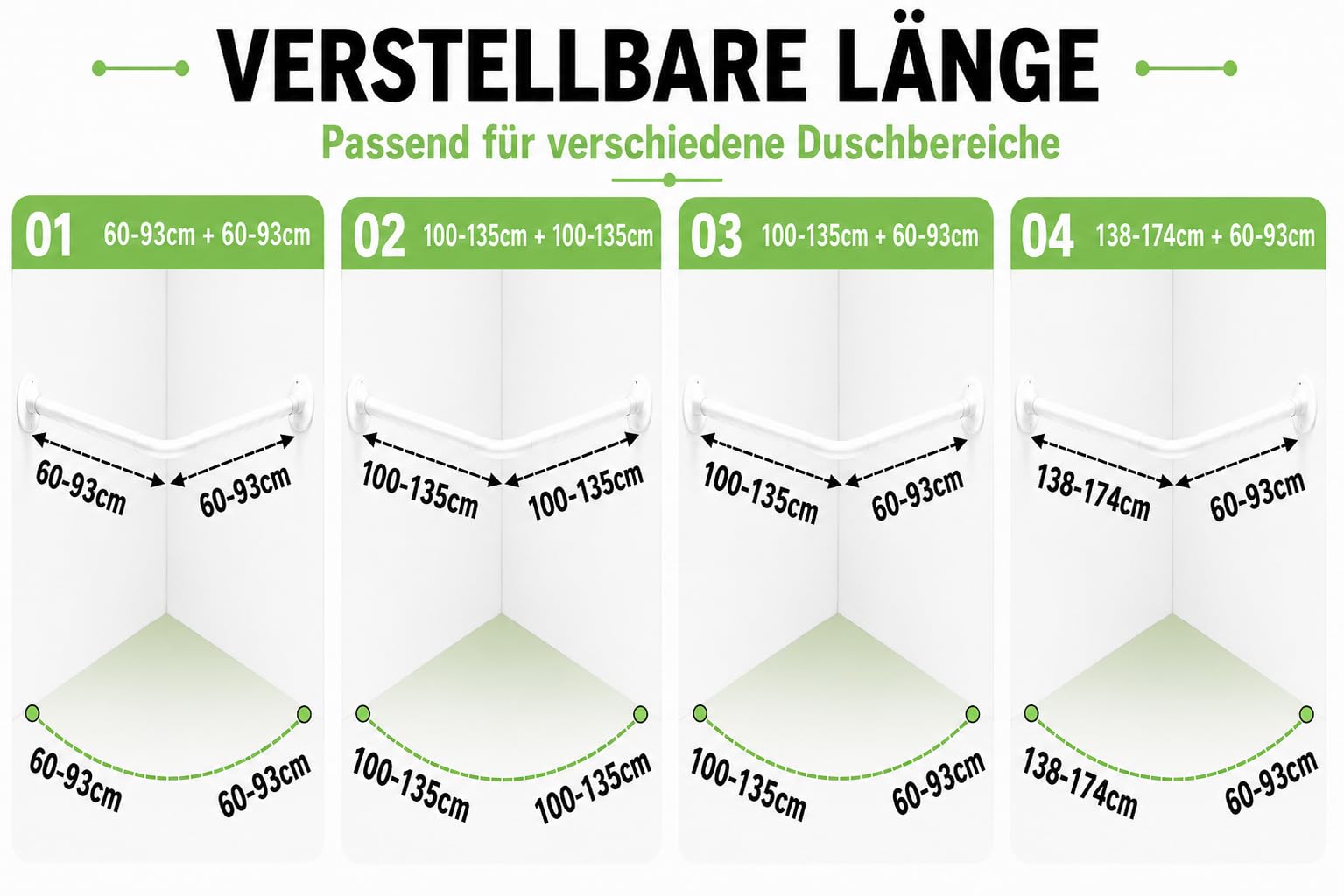 L-Form Teleskop Duschvorhangstange Ausziehbar (60-93 x 60-93 cm) Weiß – Edelstahl Eckduschstange, Montage Ohne Bohren & mit Bohren, Rostfrei, Inkl. 12 Ringen