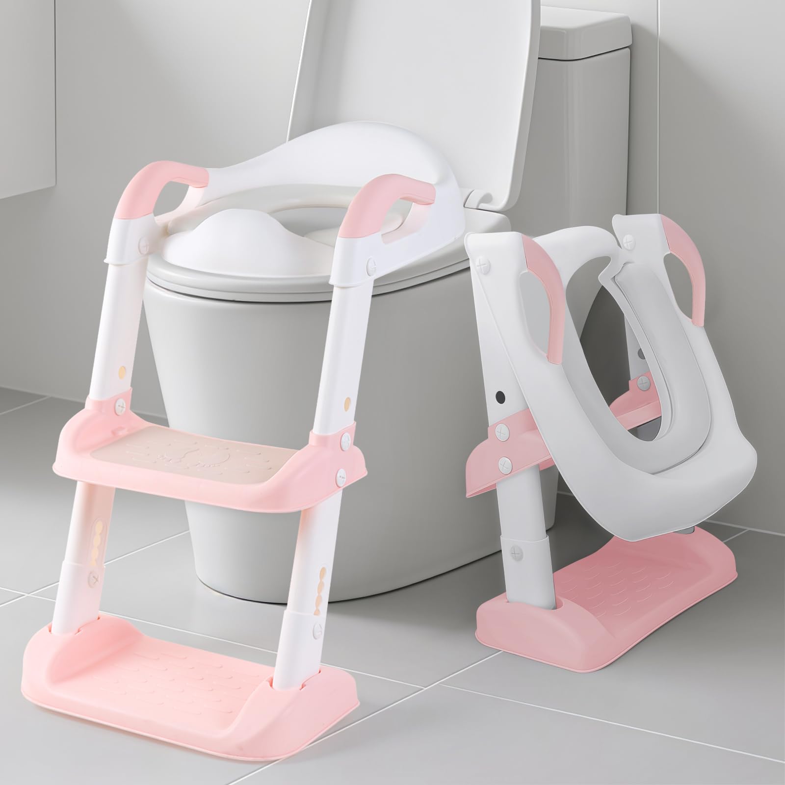 Adjustable Toilet Training Seat for Kids 1-7 Years - Upgrade Anti-Slip Children's Potty Seat with Step Stool & Foldable Design | Fits UK Round Toilets|(Pink)