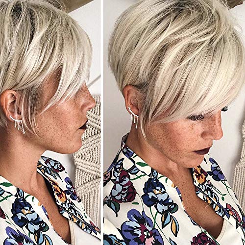 Queentas Short Blonde Wigs Ombre Light Brown Roots Layer Synthetic Hair Wigs for White Women(Platinum Blonde)