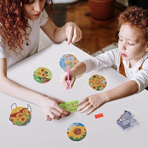 Miniatura 7 de KISSITTY Juego de 8 posavasos de pintura de diamante de girasol 5D con soporte para decoración de casa de verano y otoño