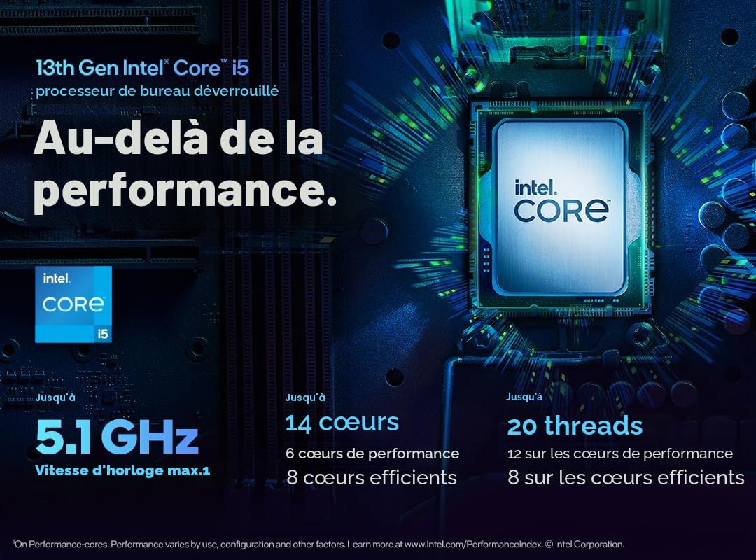 Intel® Core™ i5-13600KF, processeur pour PC de Bureau, 14 cœurs (6 P-Cores + 8 E-Cores) 24 Mo de Cache, jusqu'à 5,1 GHz