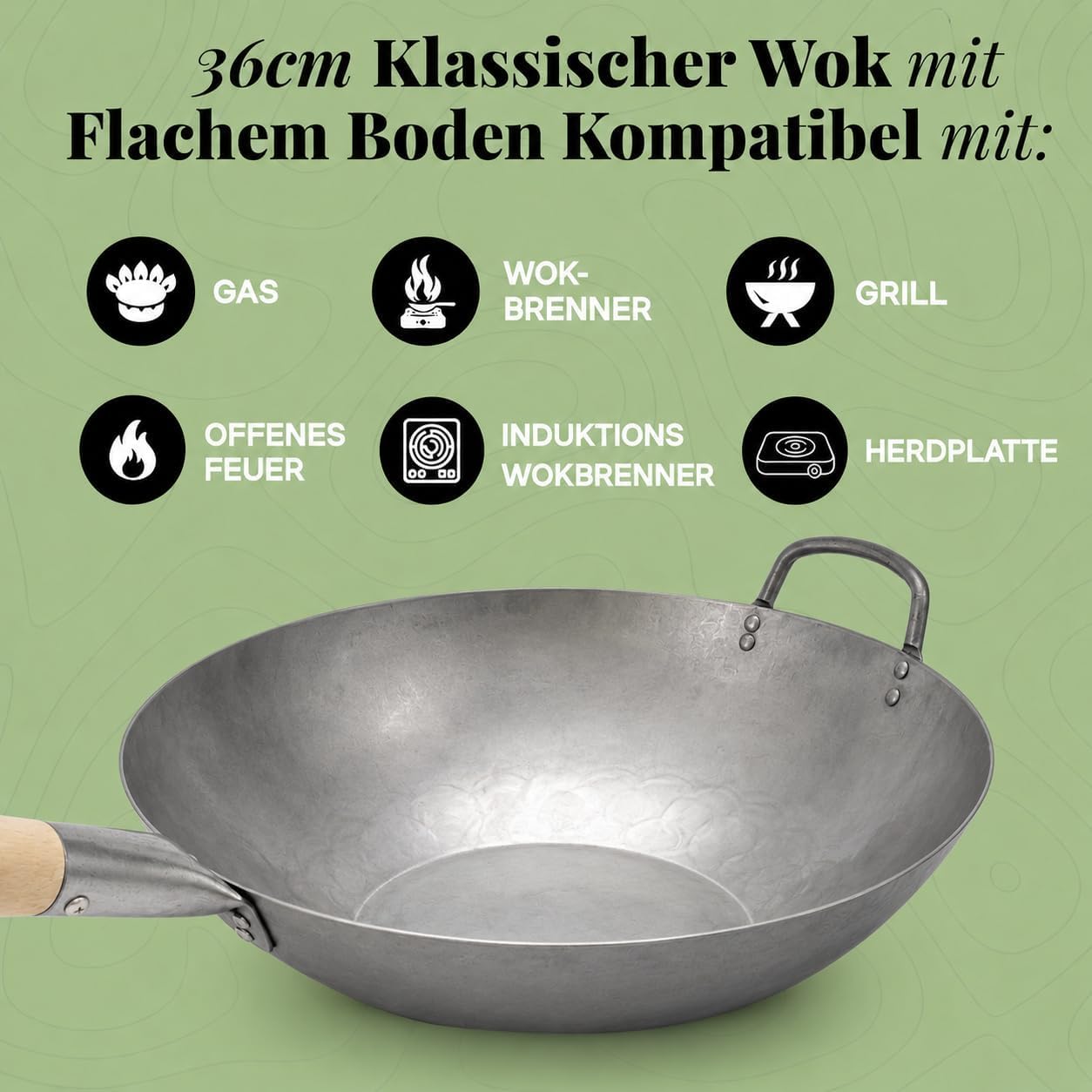 Homira Wok 36 cm handgehämmert aus Karbonstahl mit flachem Boden und Holzgriff – traditionelle PFAS-freie Wokpfanne für alle Herdarten, Gas, Grill & Outdoor (Flacher Boden)