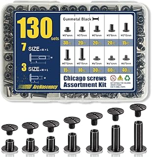 130 Sets Gunmetal Black Chicago Screws Leather Rivets Kit, 7 Sizes (M5*4,5,6,8,10,12,15) & 3