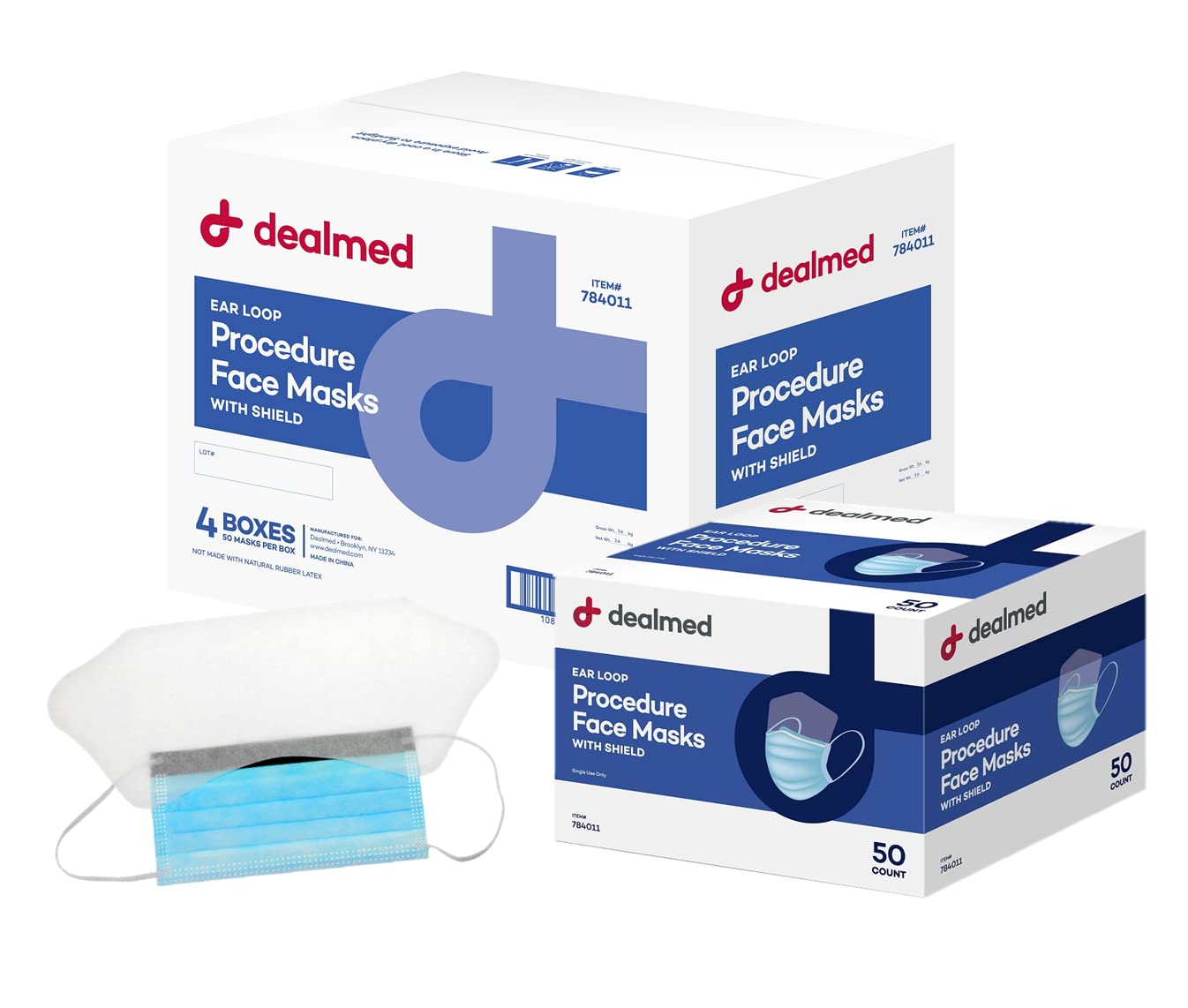 Dealmed Face Masks with Ear Loops and Eye Shield - Disposable Adult Face Masks for Hospitals, Medical Facilities, Food Services and More, 50 Count (Case of 4)
