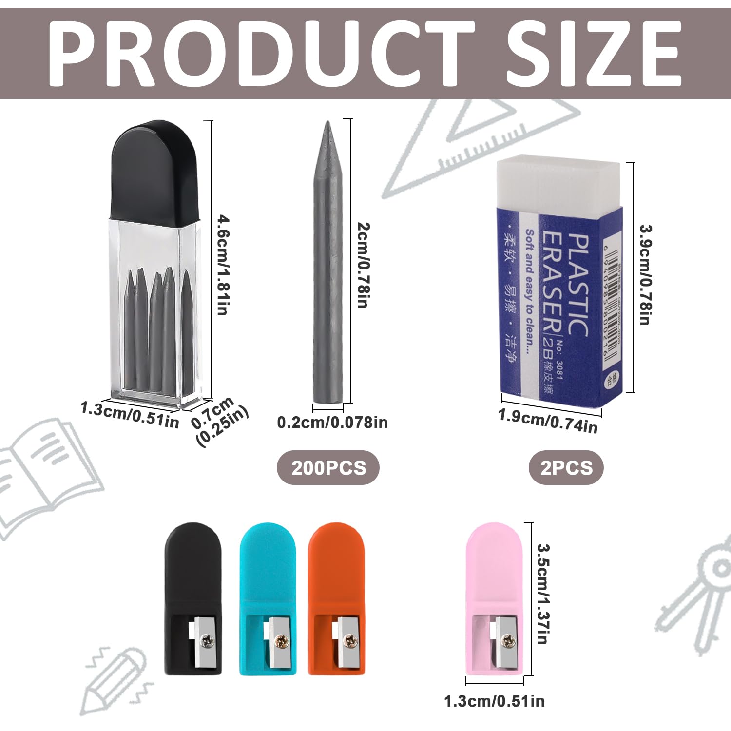 200 Stück 2B Zirkelminen 2mm - Mit Radiergummi & Spitzer Set