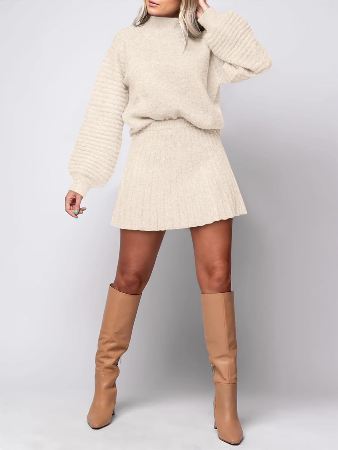 COCCKO Womens 2 Piece Skirt Sets Fall Fashion 2025 Mock Neck Ribbed Knit Sweaters And Mini Skirt Two Piece Outfits - Image 2