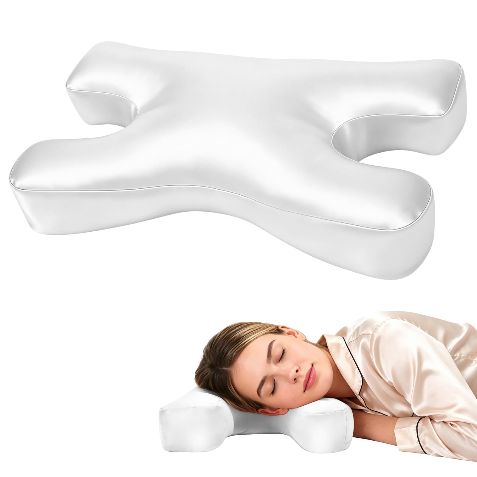 Photo 1 of vocheer Anti Wrinkle Pillow for Anti-Aging, Ergonomic Face Pillow to Prevent Sleep Lines, Silky Satin Beauty Pillow for Hair & Skin Care, Side Sleeper Support to Reduce Puffiness, Somnium (White)