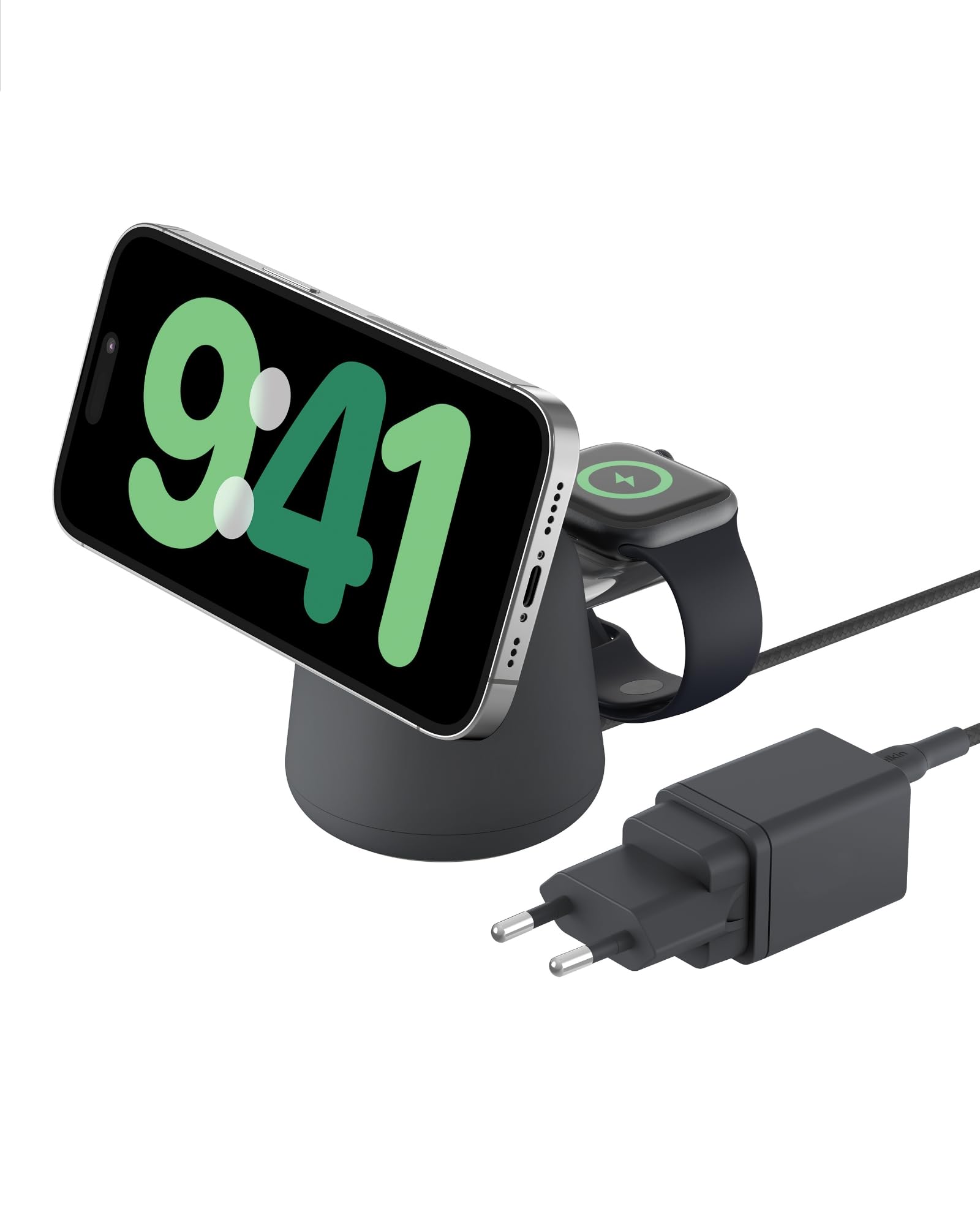 Belkin BoostCharge Caricabatteria wireless 2 in 1 con Qi2 da 15 W, caricatore MagSafe per iPhone 16, 15, 14, 13, 12, Apple Watch, AirPods e altri dispositivi Qi2, alimentatore incluso, Carbone