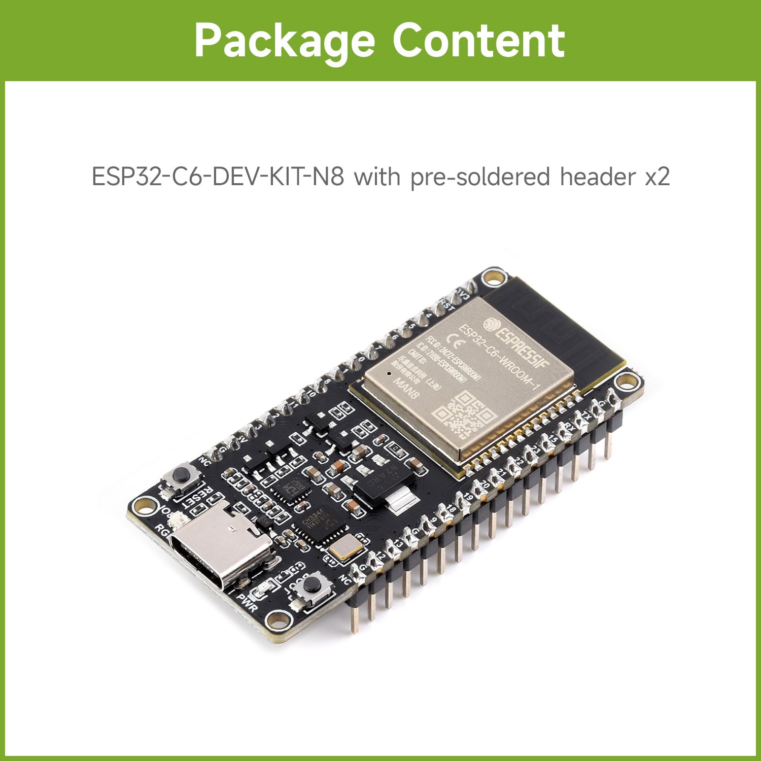 Waveshare ESP32-C6 Microcontroller with Pinheader(2PCS), WiFi 6 Development Board, 160MHz Single-Core Processor, ESP32-C6-WROOM-1-N8 Module, Supports USB and UART Development