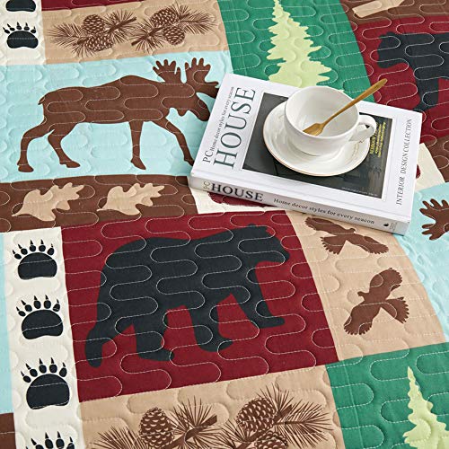 Oliven Lightweight Summer Lodge Moose Bear Quilt Set King Size Rustic Cabin Bedspreads Christmas Tree Eagle Bear Paw Pine Cones Printed Coverlet Soft Blanket Set with 2 King Pillow Shams - Thumbnail 7