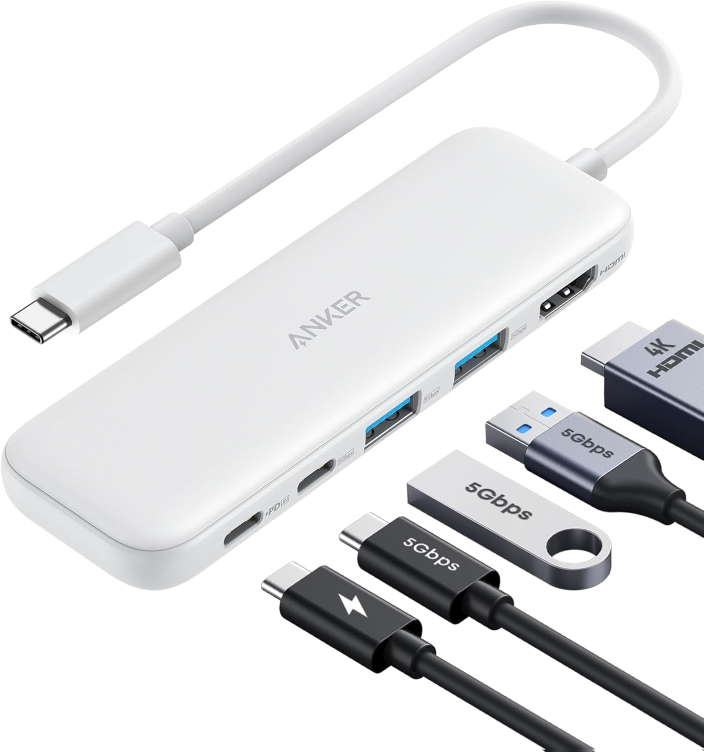 Anker USB C Hub, 5-in-1 USBC to HDMI Splitter with 4K Display, 1 x Powered USB-C 5Gbps & 2×Powered USB-A 3.0 5Gbps Data Ports for MacBook Pro, MacBook Air, Dell and More (White)