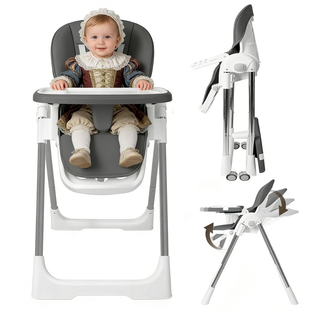 Baby Hochstuhl Klappbarer 4in1, Kinderhochstuhl Multifunktionaler Verstellbar, Babystuhl mit Tablett Abnehmbares und Rollen, Kinderhochstuhl Mitwachsender mit 5-Punkt-Gurt, Kinder Essstuhl Stuhl, Grau