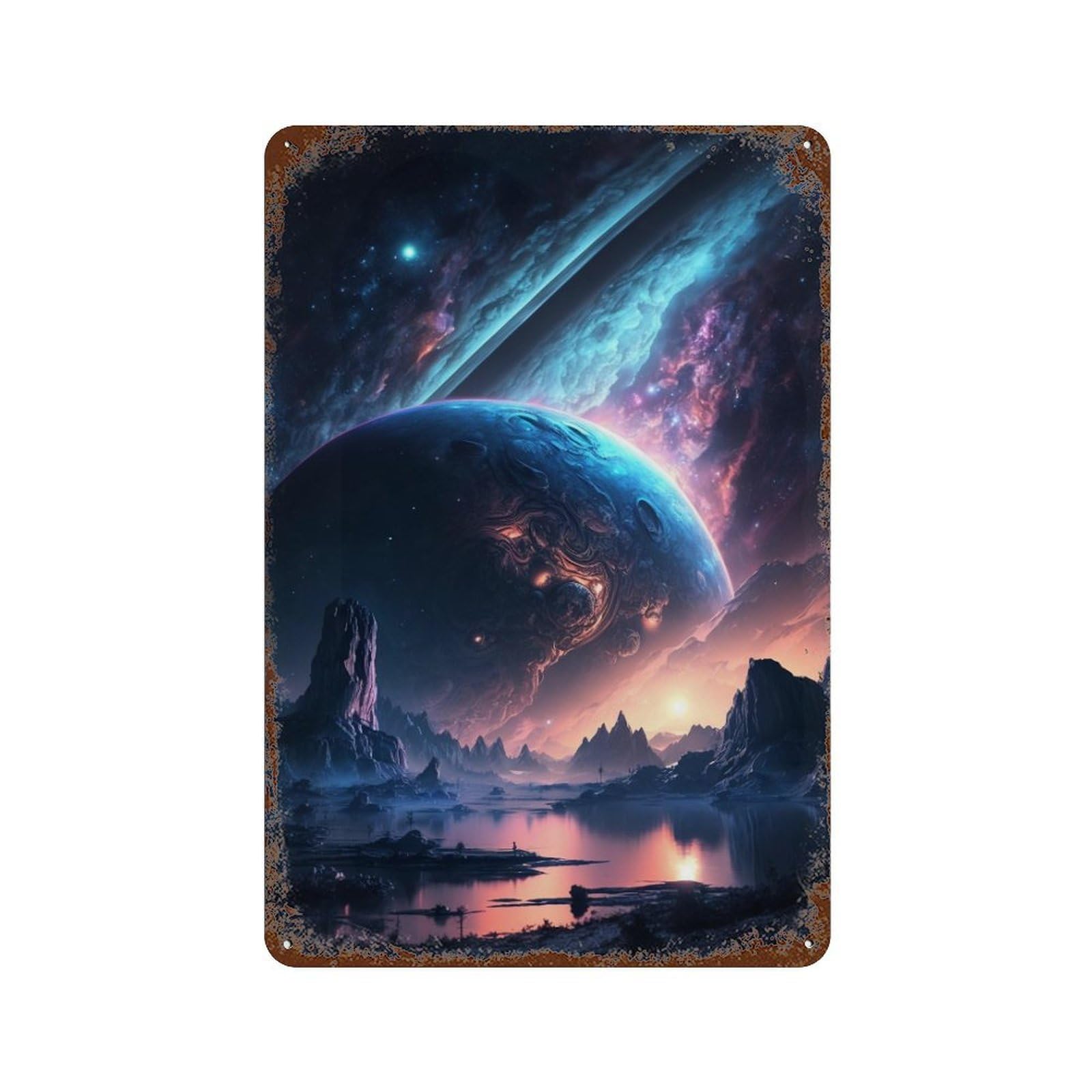 Galactic Reflections Alien Landscape Weathered Tin Sign 11.8"x7.9", for Shed, Workshop And Garage Wall Decor, Decorative Metal Wall Art