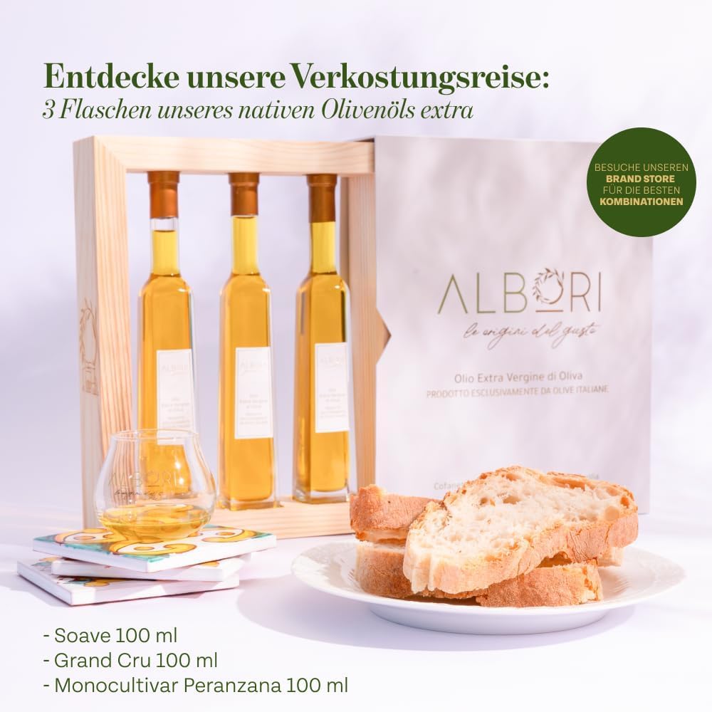 ALBORI Verkostung- Olivenöl Italienisch Extra Nativ Apulisches Kaltgepresst, Geschenkset Geschenkbox Degustation mit 3 Ölflasche Olive Oil 100ml, Premium Geschenkideen Monokultivar und Mischung Oliven