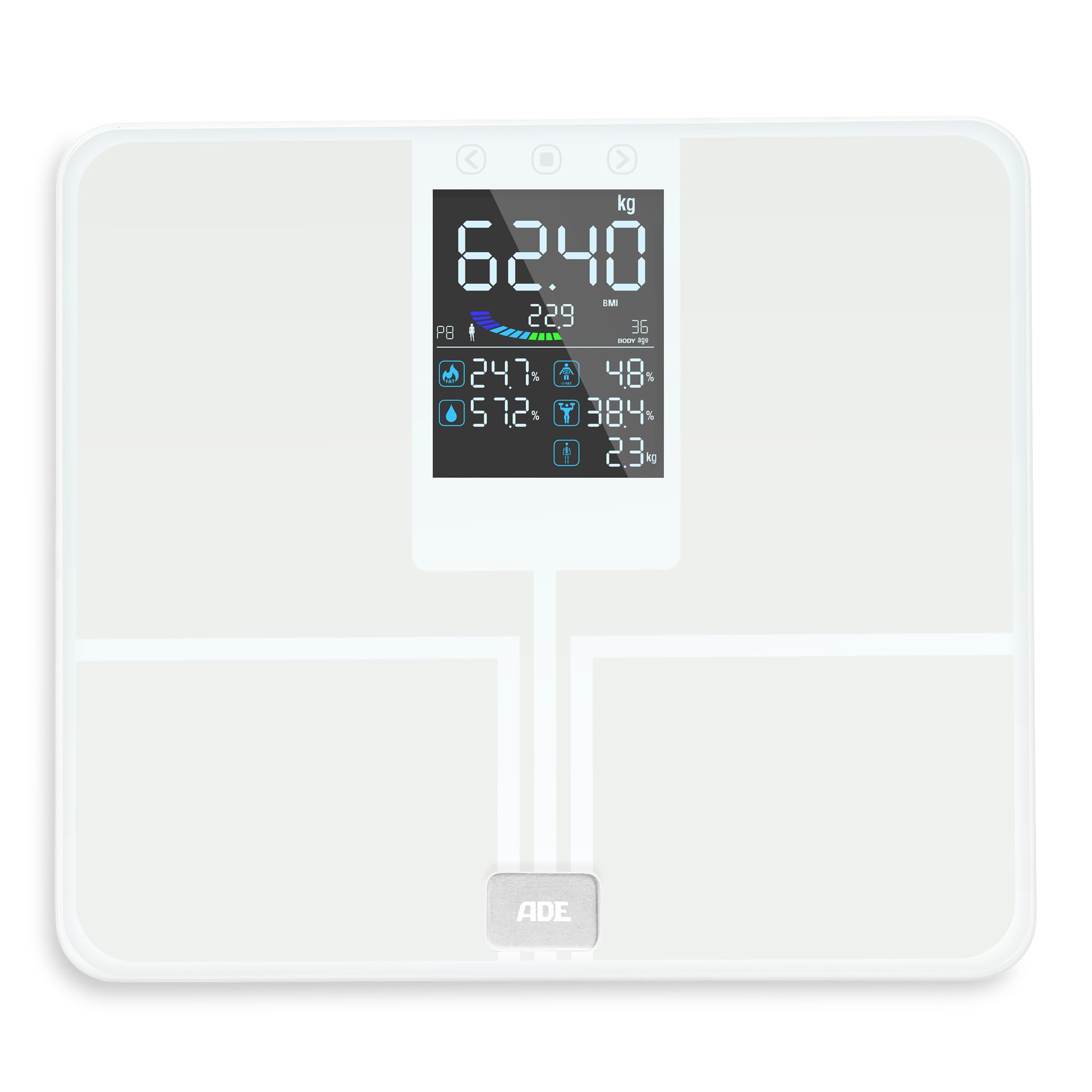 ADE Balance pese personnes impedancemetre | balance numerique avec grand écran couleur | toutes les valeurs en un coup d'œil | pèse personne masse graisseuse et muscle jusqu'à 200 kg | blanc