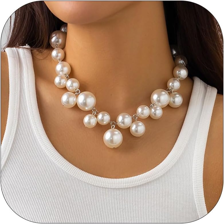 Chunky Pearl Necklaces for Women Statement Necklace for Women Dainty Exaggerated Pearl Choker Necklaces Bride Wedding Prom Jewelry Gifts