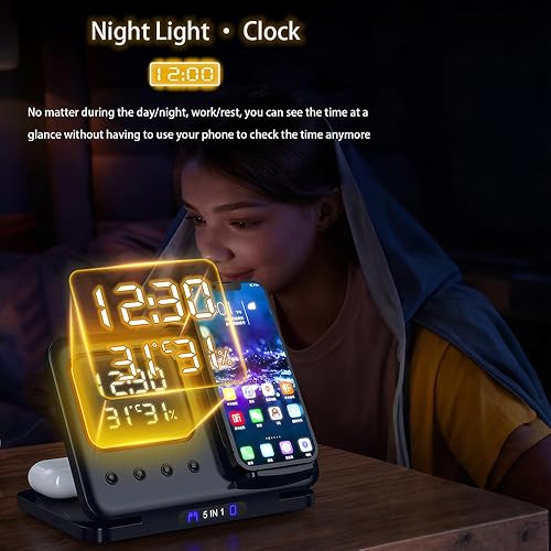 Miniatura 3 de IHAO Estación de carga inalámbrica multifuncional 5 en 1 con reloj digital de carga rápida de 15 W, luz nocturna, pantalla de temperatura, cargador