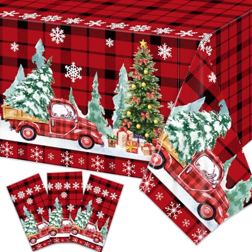 Christmas Tablecloth Christmas Red Truck Buffalo Plaid Tablecloths Christmas Snowflake Table Cover for Christmas New Year Birthday Holiday Party Decorations, 54x108 inch