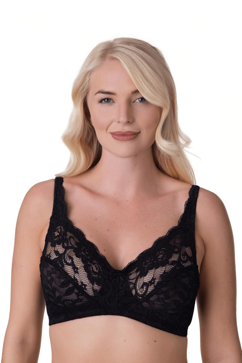 Camille Women's Black Soft Lace Cup Non-Wired Bra For - Delicate Lace Bra With Wireless Full Coverage Cups & Adjustable Strap 42C