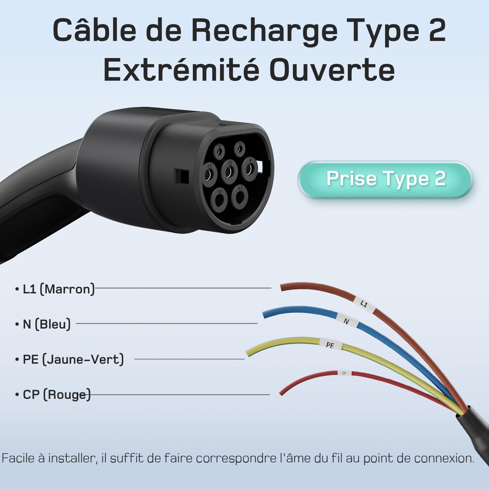 dé Câble de Recharge Type 2 extrémité Ouverte 7kW [1-Phase| 10m| 32A] pour Wallbox/Câble de Remplacement pour Station de Recharge